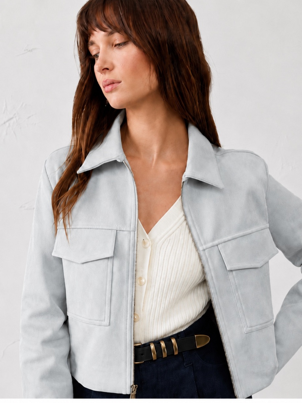 Magaschoni Faux Suede Zip Cropped Jacket XL Light Blue